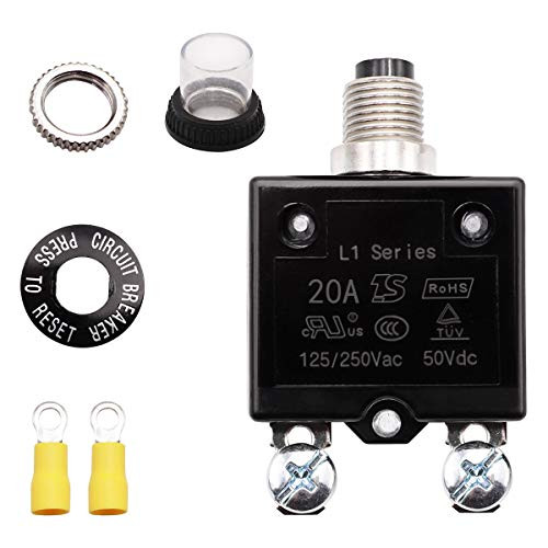 Tnisesm 20A Push Button Circuit Breaker 125 250V AC 50V DC Manual Reset Thermal Circuit Breaker with Quick Connect Terminals Waterproof Button Cover and 2 Pcs M4 Ring Crimp Terminals Connectors