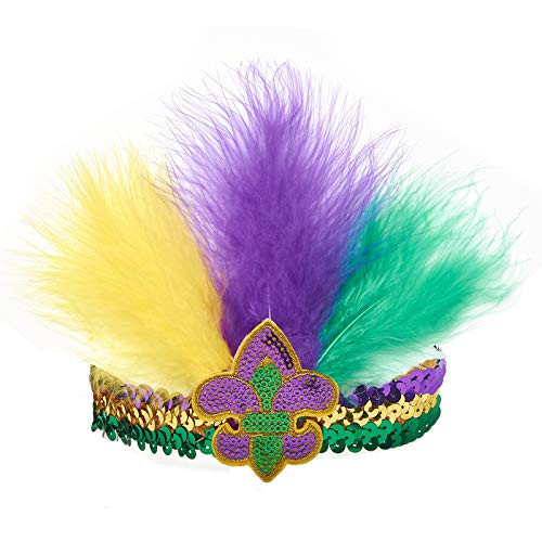 Obavioy Mardi Gras Feather Headband Fascinator 2pcs Adjustable Sequin Headpieces for Girls Women Party Supplies