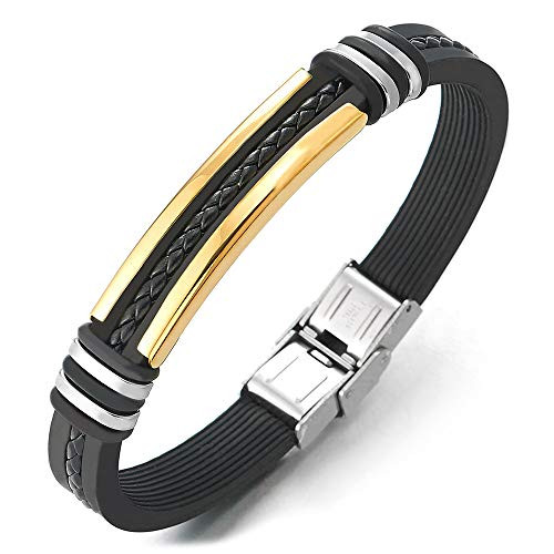 COOLSTEELANDBEYOND Mens Steel Gold ID Identification Black Silicone Bangle Wristband Inlaid Black Braided Leather
