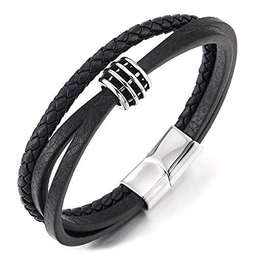 COOLSTEELANDBEYOND Men Women Three-Strand Black Braided Leather Bangle Bracelet with Steel Bead Charm Magnetic Clasp