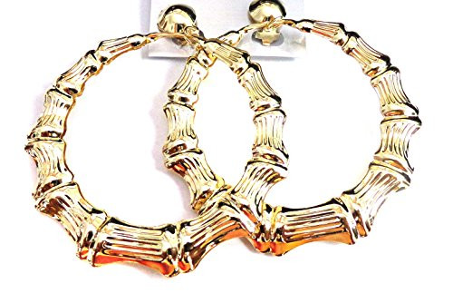 Clip on Bamboo Hoop Earrings Clip Hoop Earrings Gold or Silver tone 3.5 inch Hoops  Gold