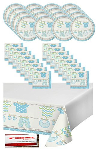 Blue Boy Baby Shower Party Supplies Bundle Pack for 16 - Plates, Napkins and Table Cover (Plus Party Planning Checklist by Mikes Super Store) (Boy Blue)