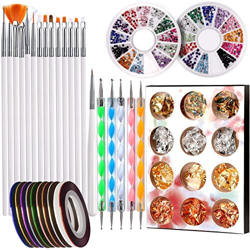 Nail Pen Designer Teenitor Stamp Nail Art Tool with 15pcs Nail Painting Brushes Nail Dotting Tool Nail Foil Manicure Tape Color Rhinestones for Nails-White