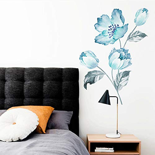 TIICA Blue Flower Plant Wall Decals Watercolor Blossom Floral Peel and Stick Wall Art Stickers for Bedroom Living Room TV Wall Home Decor