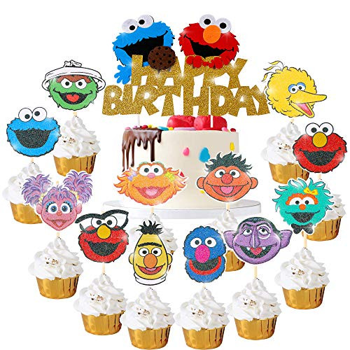 25Pcs Sesame Street Cake Cupcake Topper for Kids Happy Birthday Party Favor Supplies Gold Glitter Sesame Street Cake Cupcake Topper Elmo Big Bird Monster Oscar Ernie Inspired Party