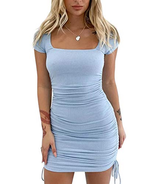 Esobo Womens Short Sleeve Ruched Bodycon Dresses Summer Square Neck Tight Solid Color Mini Dress Blue Esobo Womens Short Sleeve Ruched Bodycon Dresses Summer Square Neck Tight Solid Color Mini Dress Blue
