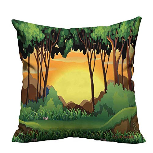 Forest Throw Pillow Case Cushion Cover Cartoon Sunset Over Hills Tree Spring Season Inspirations Green Bushes Pillow Cases Home Car Decorative Green Caramel Yellow 12 inchx12 inch Print Name or Date