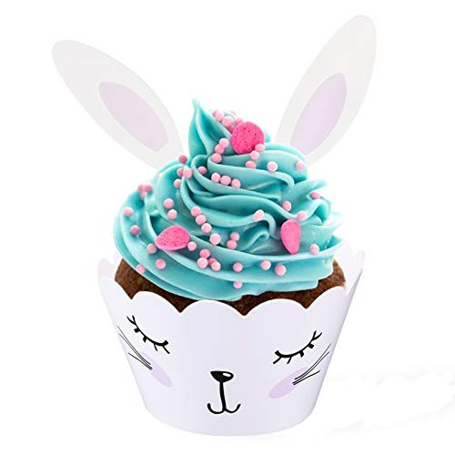 Giveme5 24PCS Bunny Cupcake Warppers Bunny Ear Cake Toppers Rabbit Dessert Cupcake Toppers Liners Cake Table Decoration for Easter Rabbit Egg Themed Baby Shower Birthday Wedding Party Supplies  24