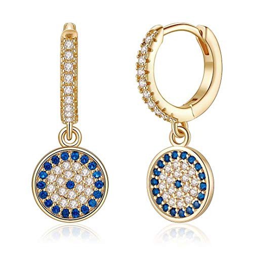 S925 Sterling Silver Post Huggie Earrings CZ Round Disc Dangle Huggie Hoop Earrings for Women 14K Gold Plated Cubic Zirconia Hoop Earrings with Charm Huggie Earrings for Women Jewelry