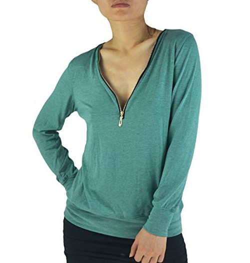 Womens Casual Zip V Neck Long Sleeves Solid Color Pullover Blouse Top T Shirt MGreen