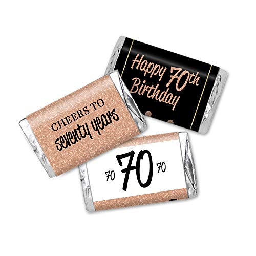 70th Birthday Favor Stickers Miniatures Candy Bar Wrapper Labels ROSE Gold Glitter and Black 54 Total