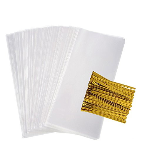 Clear Flat Bags Cellophane Bags 200 PCS Clear Cello Treat Bags Party Favor Flat Bags for Gift Bakery Cookies Candies Dessert with 200 PCS Metallic Twist Ties (4 by 9 inch) Clear Flat Bags Cellophane Bags 200 PCS Clear Cello Treat Bags Party Favor Flat Bags for Gift Bakery Cookies Candies Dessert with 200 PCS Metallic Twist Ties (4 by 9 inch)