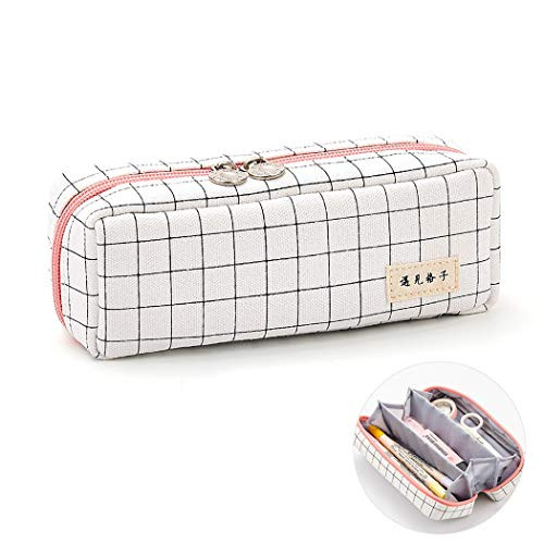 iSuperb Pencil Case Large Capacity 3 Compartment Pen Bag Square Grid Pencil Holder Canvas Stationery Pouch Cosmetic Bags