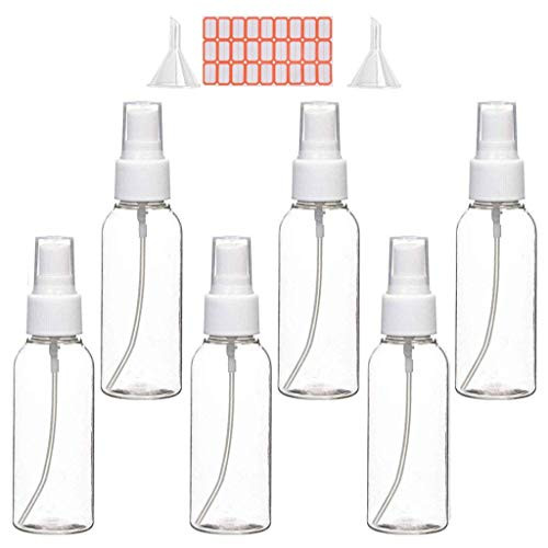 RED-Rainbow Spray Bottles 2oz 50ml Clear Empty Fine Mist Plastic Mini Travel Bottle Set Small Refillable Liquid Containers with 2pcs Funnels and 27pcs Labels  6 Pack   White