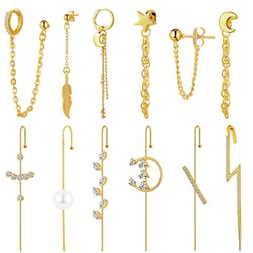 12 Pieces Ear Cuff Wrap Crawler Hook Earrings Chain Dangle Earrings Hinged Hoop Pendant Earrings Set for Women Girls  Gold