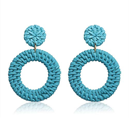 Woven Rattan Earrings Boho Colored Straw Wicker Braid Drop Dangle Earrings Handmade Circle Hoop Earrings Statement Stud Earrings For Women Girls  Blue