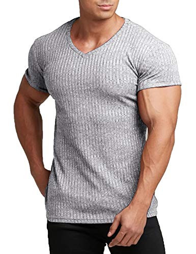 COOFANDY Mens Muscle T Shirts Stretch Short Sleeve V Neck Bodybuilding Workout Tee Shirts Grey