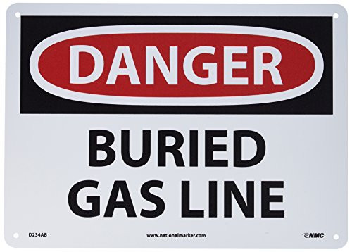 NMC D234AB OSHA Sign Legend  inchDANGER - BURIED GAS LINE inch 14 inch Length x 10 inch Height Aluminum Red Black on White