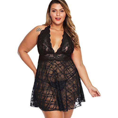Women Lingerie V Neck Nightwear Satin Sleepwear Lace Chemise Mini Teddy Plus Size Babydoll Lingerie with G-String Black