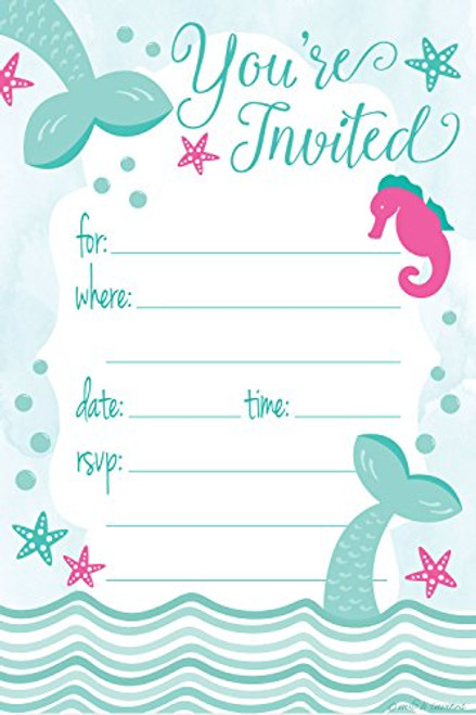 Mermaid Birthday Party Invitations - Fill In Style (20 Count) With Envelopes