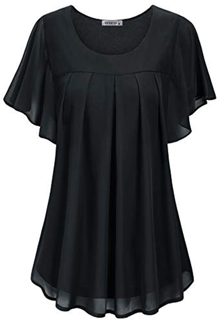 MOQIVGI Business Attire for WomenCasual Nice Dressy Work Tops Office Wear Scoop Neck Cap Sleeve Chiffon Overlay Blouses Ladies Career Professional Draped Flowy Shirts Black Medium