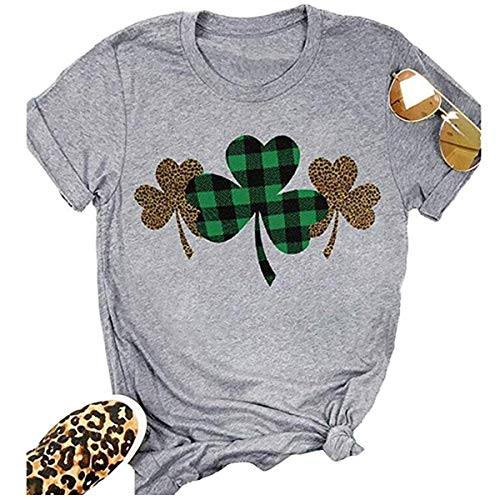 St. Patricks Day Shirt Women Funny Buffalo Plaid Leopard Shamrock Printed Clover T-Shirt Graphic Tee  L Grey
