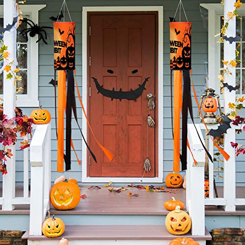 2 Pieces Halloween Pumpkin Ghost Windsock Ghost Hanging Decoration Flag Windsock Hanging Sign for Outdoor Front Yard Halloween Party Decor  Black Orange