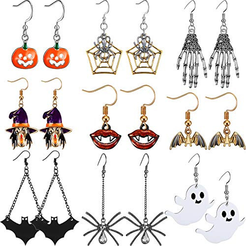 9 Pairs Halloween Dangle Earring Set Pumpkin Spider Witch Ghost Bat Skull Vampire Lips Spider Web Earrings for Women Girls Halloween Theme Jewelry 9 Pairs Halloween Dangle Earring Set Pumpkin Spider Witch Ghost Bat Skull Vampire Lips Spider Web Earrings for Women Girls Halloween Theme Jewelry
