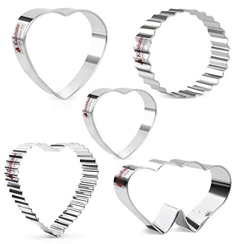 KAISHANE Valentines Day Cookie Cutters Set 5 Pieces Heart Cookie Cutters Bisucit Cutter - Heart Double Heart Center of Circle  and  Wavy Heart Stainless Steel