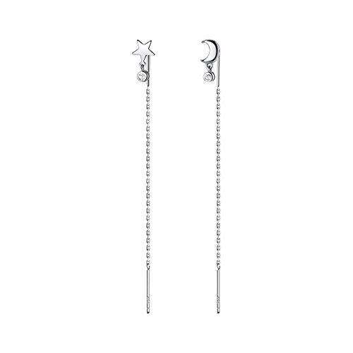 Asymmetrical Star Moon Threader Tassel Dangle Earrings S925 Sterling Silver Dainty Diamond Crystal CZ Long Chain Drop Stud Earring Ear Line Cute Jewelry Gifts for Women Girls Sensitive Ears