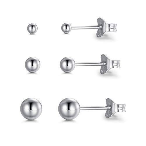 Sterling Silver Tiny Round Ball Stud Earrings for Women Girls Men- 3 Pairs Hypoallergenic Small Bead Dot Studs Earrings Pack Cartilage Tragus Helix Earrings  2mm 3mm 4mm