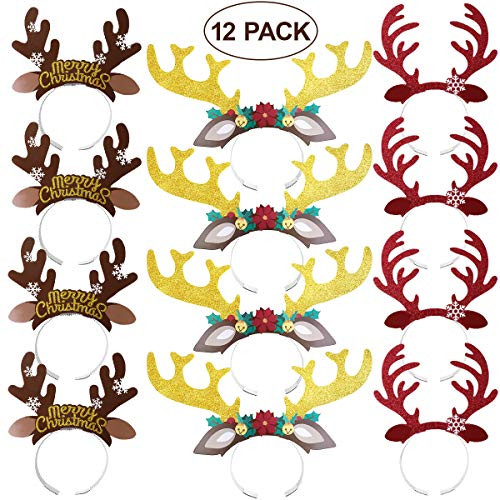 Amosfun 12PCS Cute Reindeer Antlers Headband Hair Hoop with Ears Headwear Accessories for Christmas Cosplay Masquerade Easter Party Gift