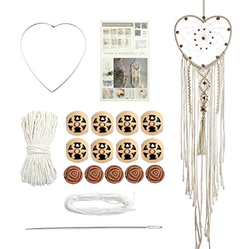 Macrame Cord DIY Kit Handmade Cotton Heart-Shaped DIY Dream Catcher Kit for Adults Craft Includes Dream Catcher Hoop Macrame Cord Wooden Beads Dream Catcher Macrame Wall Hanging Decor for Bedroom