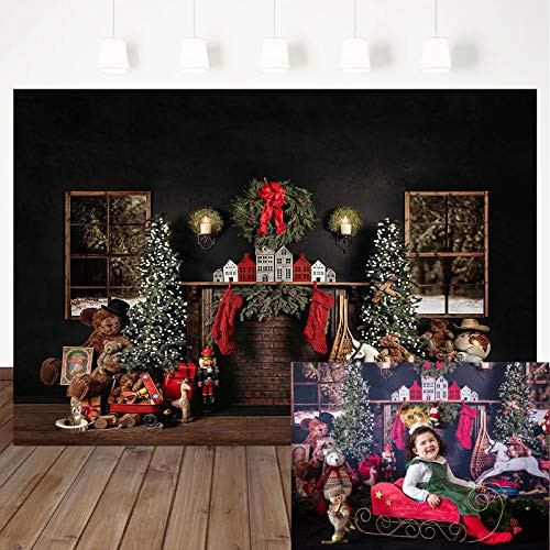 Mocsicka Christmas Black Wall Photography Backdrop Fireplace Red Socks Background Christmas Tree Gift Toys Children Kids Portrait Backdrop Photo Booth Props  7x5ft