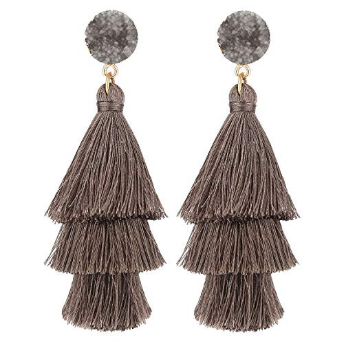 LEGITTA Grey Tassel Earrings with Druzy Stud Thread Layered Tiered Fringe Linear Drop Dangle Fashion Bohemian Earrings for Women Girls LEGITTA Grey Tassel Earrings with Druzy Stud Thread Layered Tiered Fringe Linear Drop Dangle Fashion Bohemian Earrings for Women Girls