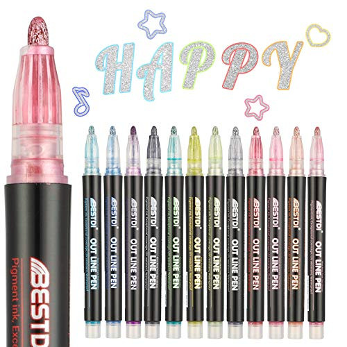 Double Line Outline Pens Self-Outline Metallic Markers Glitter Writing Drawing Doodle Dazzle Pens for DIY Art Drawing Greeting Cards Craft Projects Posters Painting  12PCS
