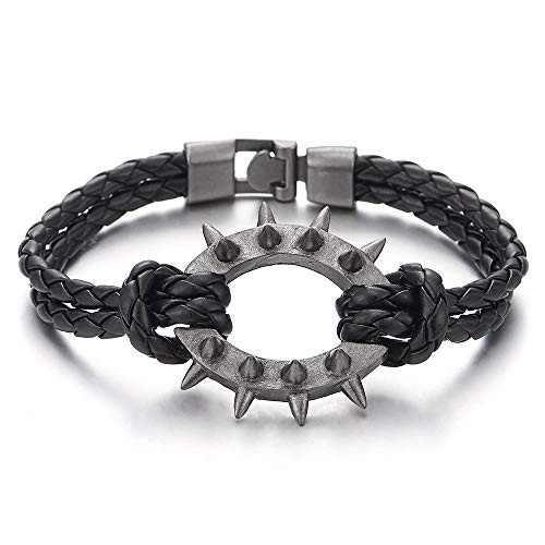 COOLSTEELANDBEYOND Men Women Two-Row Black Braided Leather Bangle Bracelet Wristband Grey Spiked Rivets Oval Charm