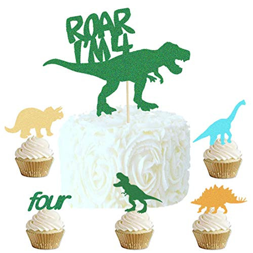 HEETON Roar Im 4 Cake Topper and Cupcake Topper Dinosaur Birthday Cake Topper Jurassic Park T-Rex four Birthday Boy Party Supplies Decoration HEETON Roar Im 4 Cake Topper and Cupcake Topper Dinosaur Birthday Cake Topper Jurassic Park T-Rex four Birthday Boy Party Supplies Decoration
