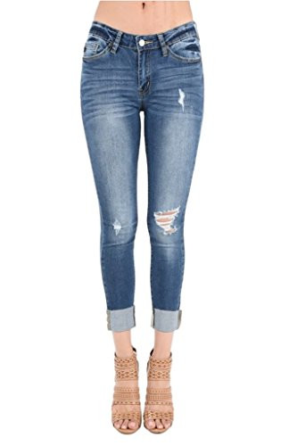 KanCan Women's Mid Rise Destroyed Skinny Jeans 11 Dark Wash KC5034D