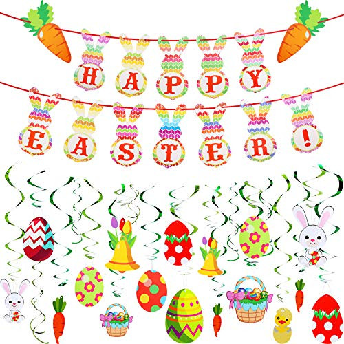 Zonon Easter Hanging Swirl Foil Decorations Easter Egg Bunny Hanging Swirl Ceiling Decorations and Happy Easter Hanging Garland for Easter Party Home School Decor 34 Pieces