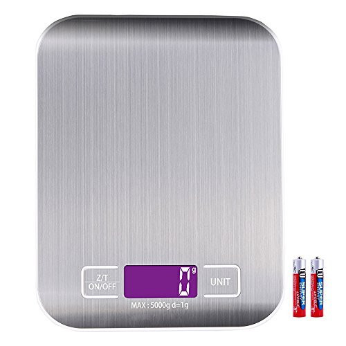 Digital Kitchen Scale Food Cooking Multifunction 0.04oz 1g to 11lb 5kg, Stainless Steel, 2 Batteries (included)