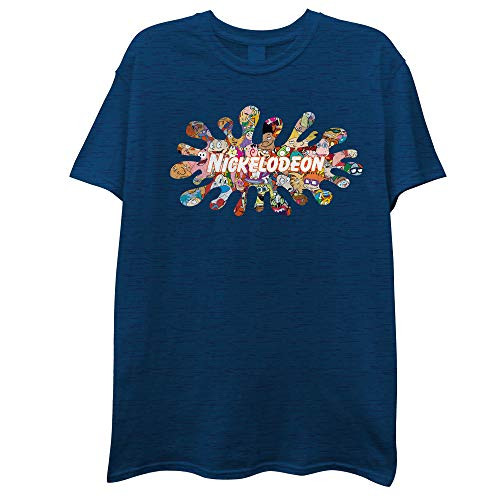 Nickelodeon Mens 90s Classic Shirt - Rugrats Reptar Ren  and  Stimpy and Hey Arnold Vintage T-Shirt  Navy Splat Medium