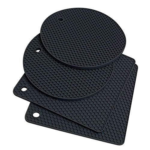 Silicone Trivet Mats Hot Pot Holders Pads for Kitchen Hot Pad Or Mat for Pots and Pans Multipurpose Trivets for Hot Dishers Heat Resistant Food Grade Silicone Set 4 Pcs  Black
