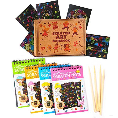 aGreatLife Rainbow Scratch Art Notebooks: Best Scratch Rainbow Notes - Drawing Notepads For Kids with 4 Colorful Mini Notebooks and 4 Wooden Styluses