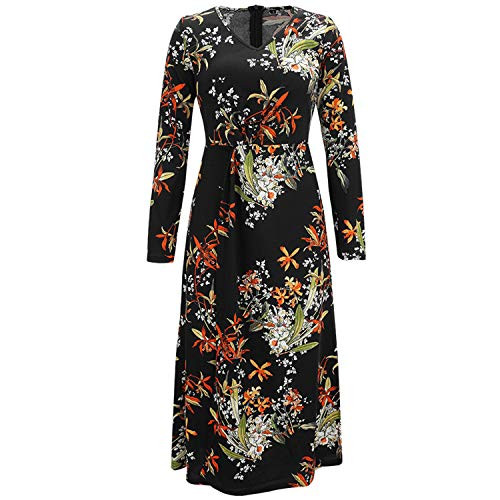 Womens V Neck Stylish Print Long Sleeves Maxi Dress Casual Waist Split Beach Party Long Maxi Dress Summer Dress Black