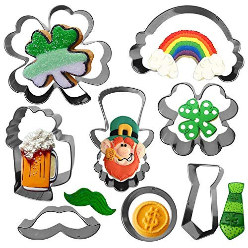 XGiGiX St. Patricks Day Cookie Cutter Set- 8PCS Large Stainless steel Cookie Cutters Mold for Making Shamrock Leprechaun Clover Beer Mug Rainbow Gold Coin Beard Tie.