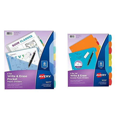 Avery 8-Tab Plastic Binder Dividers with Pockets Write  and  Erase Multicolor Big Tabs 1 Set  16177   and  16130 Big Tab Write  and  Erase Durable Plastic Dividers 8 Multicolor Tabs 1 Set