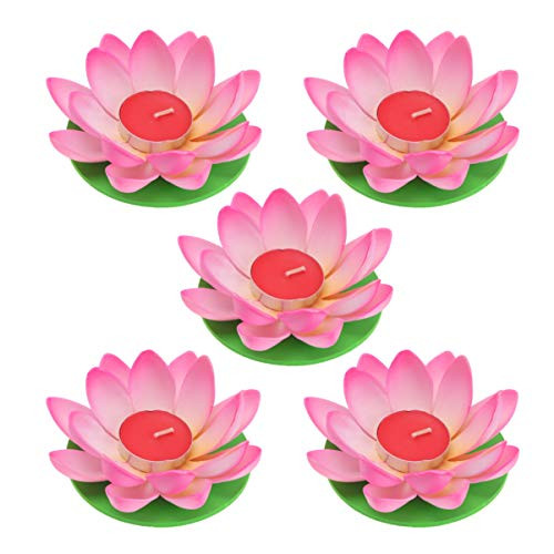 OSALADI 5pcs Lotus Candle Happy Birthday Candles Floating Lotus Light Wishing Lantern Lily Flower Lamp for Festival Pool Garden Home Decoration  Pink with Candle