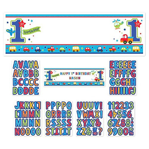 Amscan All Aboard Boy 1st Birthday Personalized Giant Sign Banner, 65" x 20", Blue/White