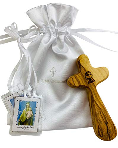 First Communion Prayer Set with Wooden Hand Cross and Traditional Catholic Scapular